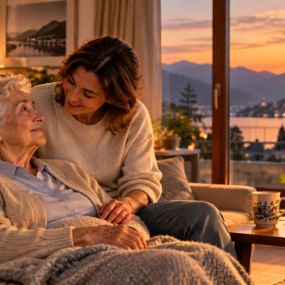Anziana seduta in soggiorno al tramonto Anziana seduta in soggiorno al tramonto con una lampada accesa e una familiare accanto