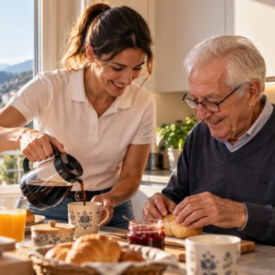Assistente domiciliare e anziano che preparano insieme la colazione in cucina