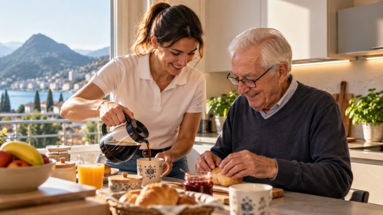 Assistente domiciliare e anziano che preparano insieme la colazione in cucina