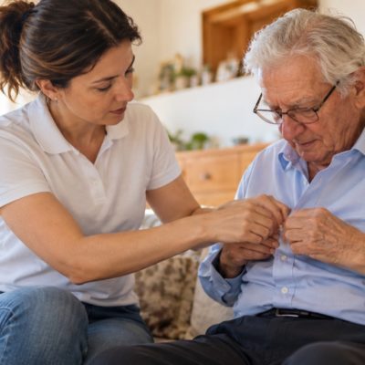 Ergoterapista aiuta una persona anziana con Parkinson Ergoterapista aiuta una persona anziana con Parkinson ad abbottonarsi la camicia a casa