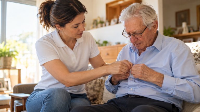 Ergoterapista aiuta una persona anziana con Parkinson ad abbottonarsi la camicia a casa