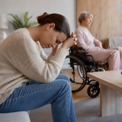 Caregiver affaticata accanto a una persona anziana in sedia a rotelle
